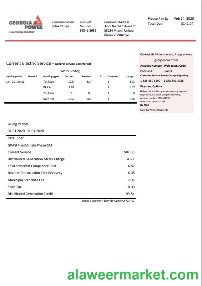 USA Georgia Power utility bill template in Word and PDF format, fully editable